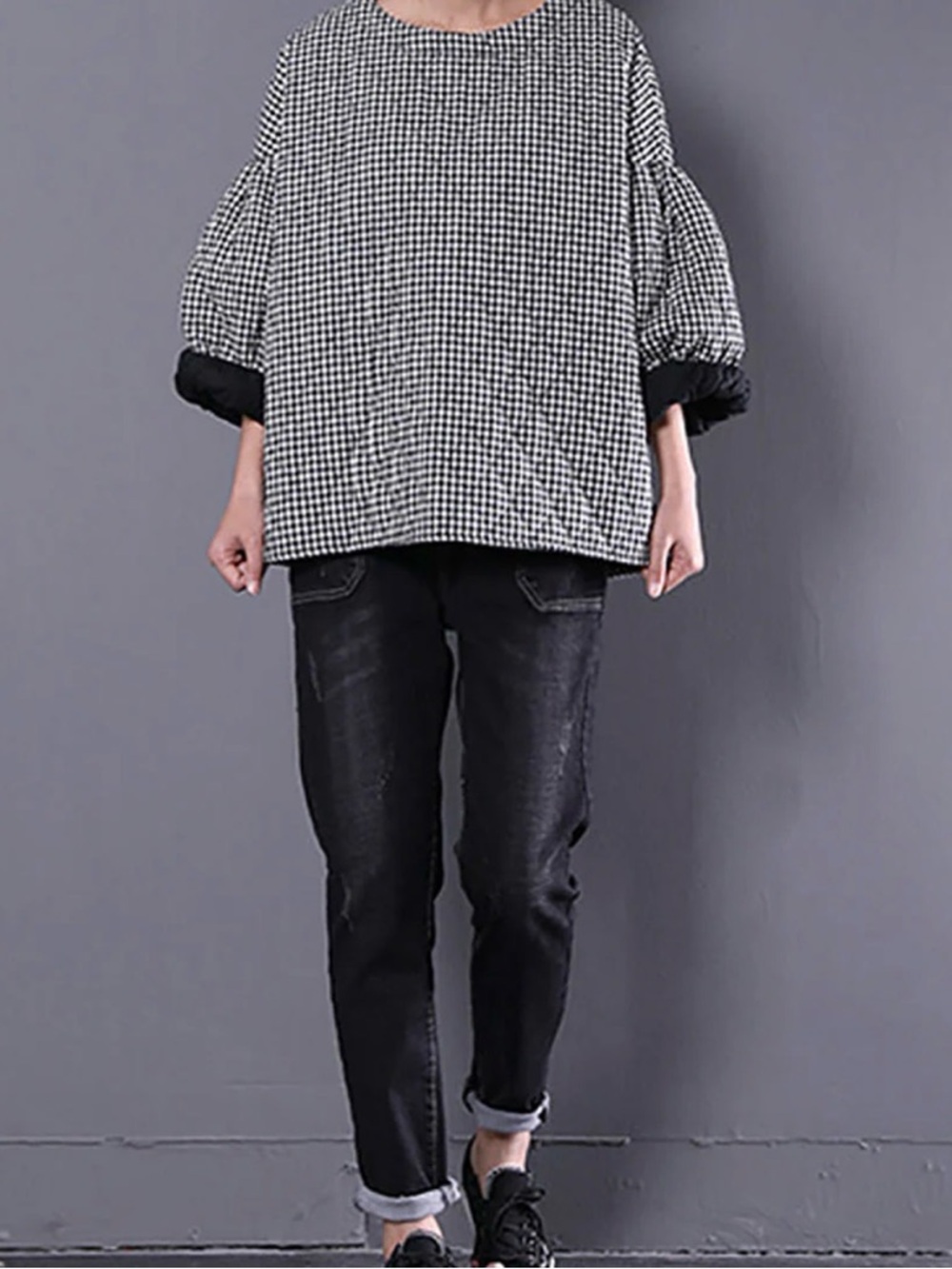 Buykud Plus Size Plaid Loose Blouse - 3/4 Sleeve Quilted Top - Picture 3 of 9